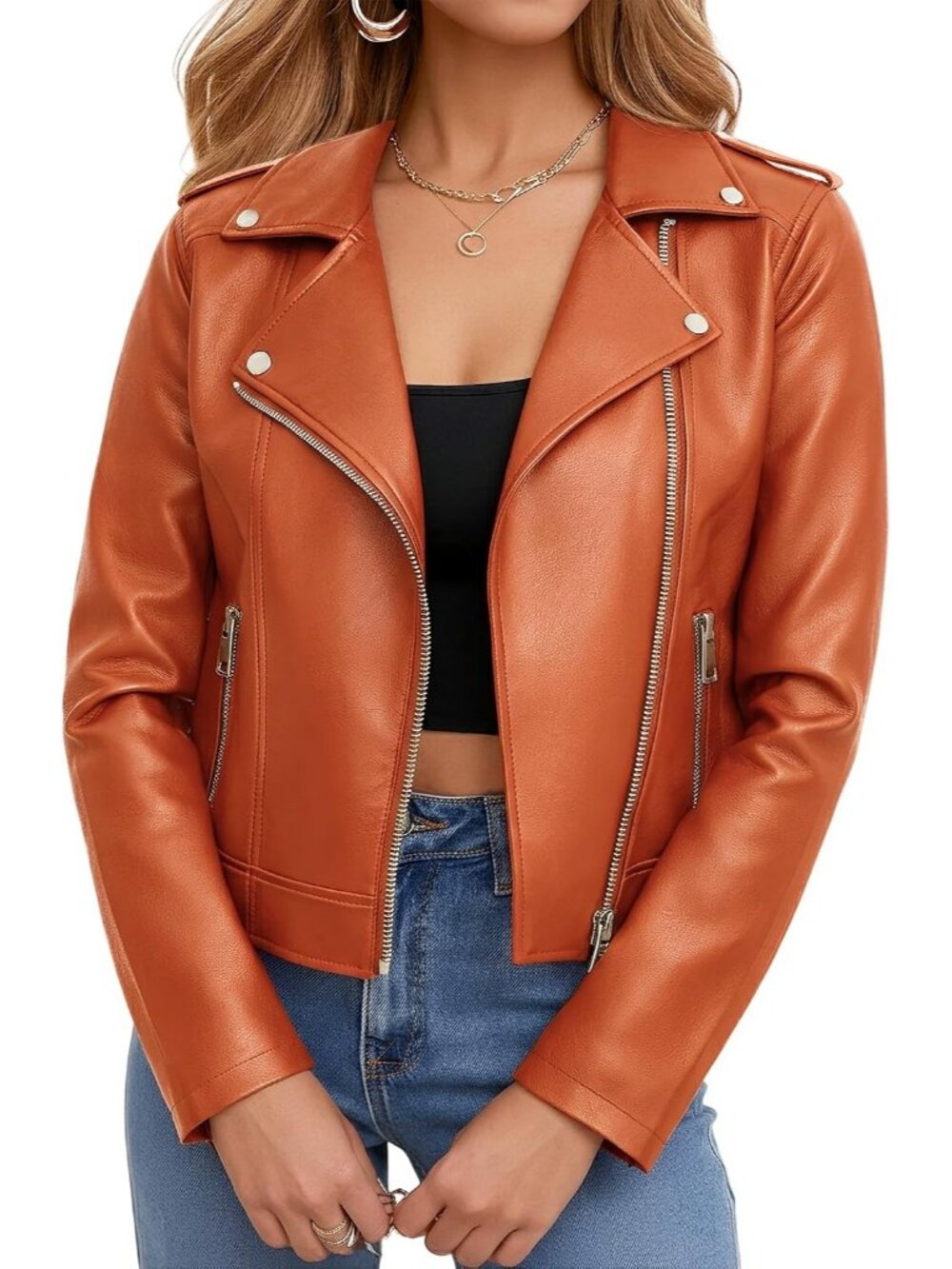 Women's Brown Leather Jacket Faux Cropped Coat Cute Short Zip Up for Casual